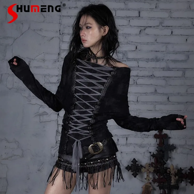 American Retro Original Design Dark Punk Print Cool Tees Off Shoulder Long-sleeved T-shirt Strap 2 Wear Bottoming Shirt Pullover
American Retro Original Design Dark Punk Print Cool Tees Off Shoulder Long-sleeved T-shirt Strap 2 Wear Bottoming Shirt Pullover