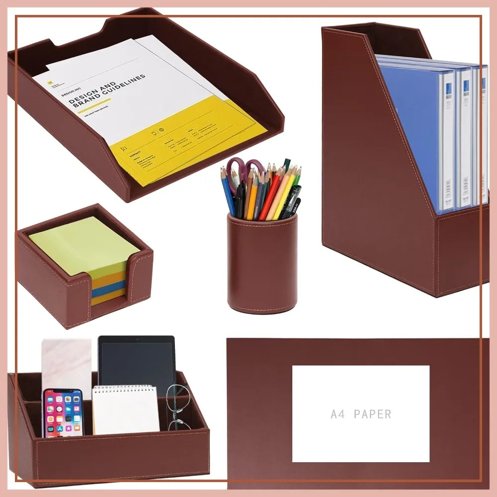 6-Piece Desk Organizer Set: Leather Writing Pad, File Tray, Magazine Holder, Pen Cup, Sticky Note Holder, Mail Sorter, Brown
6-Piece Desk Organizer Set: Leather Writing Pad, File Tray, Magazine Holder, Pen Cup, Sticky Note Holder, Mail Sorter, Brown