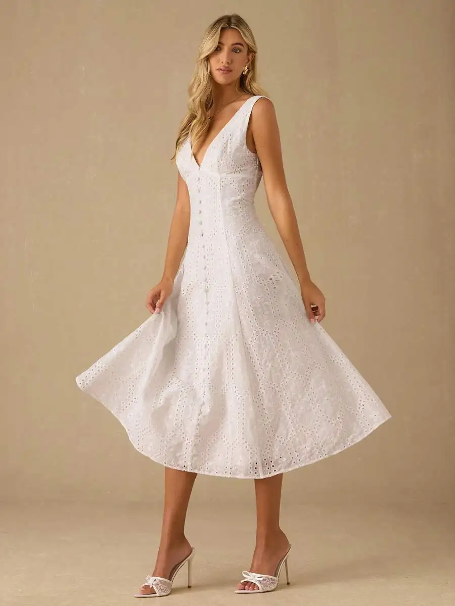 White Floral Eyelet V-Neck Sleeveless Midi Dress For Vacation Date Party Wedding Guest
White Floral Eyelet V-Neck Sleeveless Midi Dress For Vacation Date Party Wedding Guest