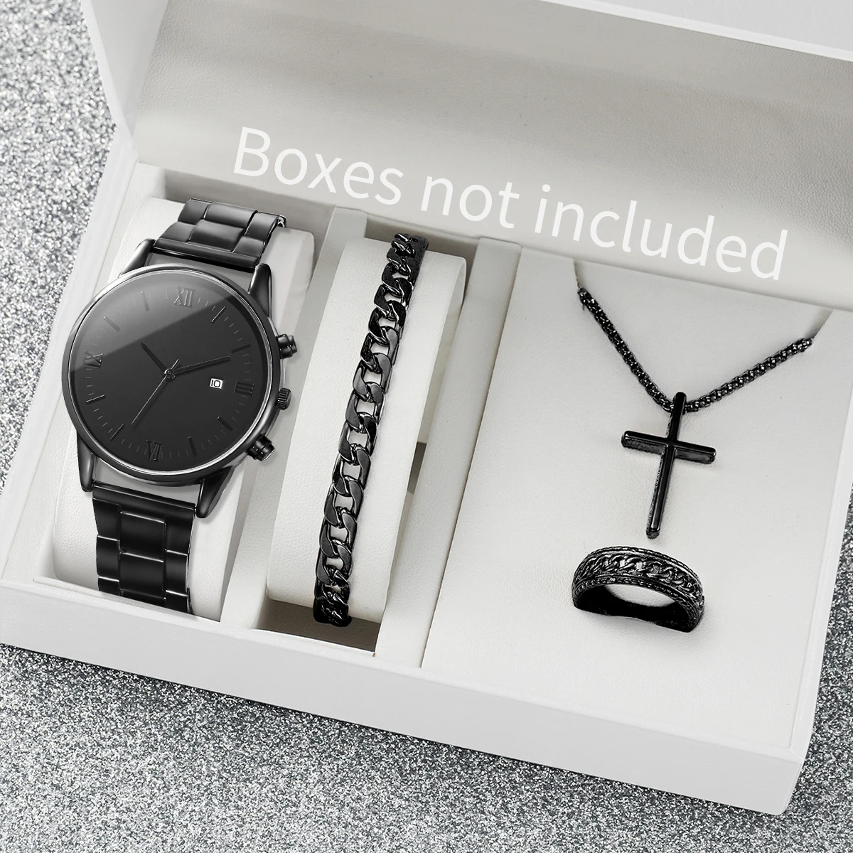 4PCS Men Watches Fashion Black Steel Band Male's Business Quartz Watch Calendar Watch Relogio Masculino Jewelry Set(Without Box)
4PCS Men Watches Fashion Black Steel Band Male's Business Quartz Watch Calendar Watch Relogio Masculino Jewelry Set(Without Box)