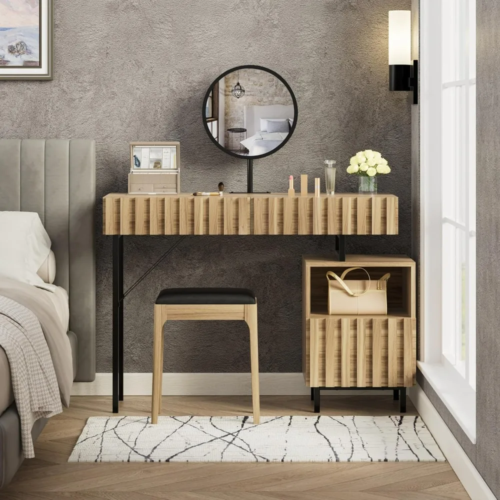 Wood vanity desk with mirror,makeup vanity set with drawer chest, dressing table makeup desk set with storage space for bedroom.
Wood vanity desk with mirror,makeup vanity set with drawer chest, dressing table makeup desk set with storage space for bedroom.