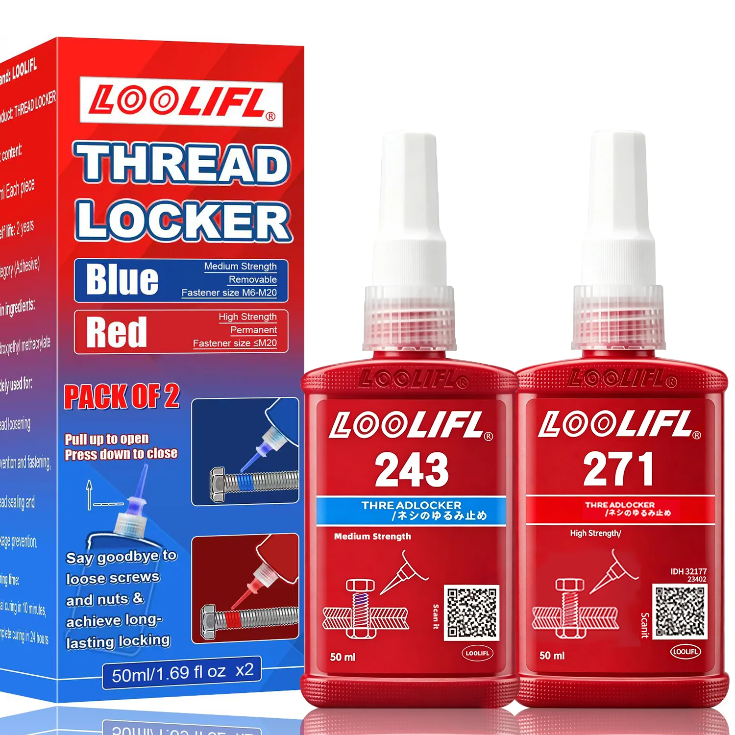 10ml 50ml LOOLIFL Anaerobic Thread Locker Blue 243 Removable Red 271 Permanent Screw Lock Glue Anti-loose Anti-corrosion Anti-leakage Thread Sealant High Temp Resistant For Car Motorcycle Chassis Engine Industrial Metal Bolt Fastener Repair
10ml 50ml LOOLIFL Anaerobic Thread Locker Blue 243 Removable Red 271 Permanent Screw Lock Glue Anti-loose Anti-corrosion Anti-leakage Thread Sealant High Temp Resistant For Car Motorcycle Chassis Engine Industrial Metal Bolt Fastener Repair