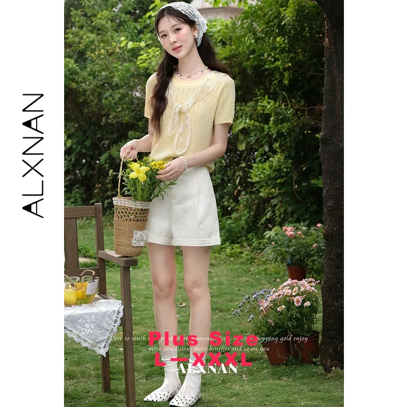 ALXNAN Plus Size Yellow Knit T-shirt Women Hollow Out Short Sleeve T-shirts Elegant Tops Floral Design with Lace Shawl D63815
ALXNAN Plus Size Yellow Knit T-shirt Women Hollow Out Short Sleeve T-shirts Elegant Tops Floral Design with Lace Shawl D63815