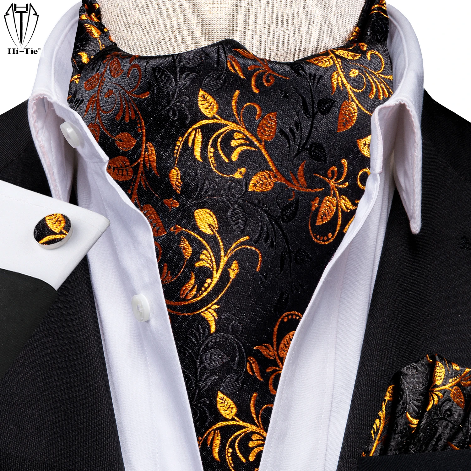 Hi-Tie Brand Black Gold Silk Mens Ascots Hankerchief Cufflinks Set Jacquard Vine Vintage Cravat Tie Scarf for Male Wedding Party
Hi-Tie Brand Black Gold Silk Mens Ascots Hankerchief Cufflinks Set Jacquard Vine Vintage Cravat Tie Scarf for Male Wedding Party