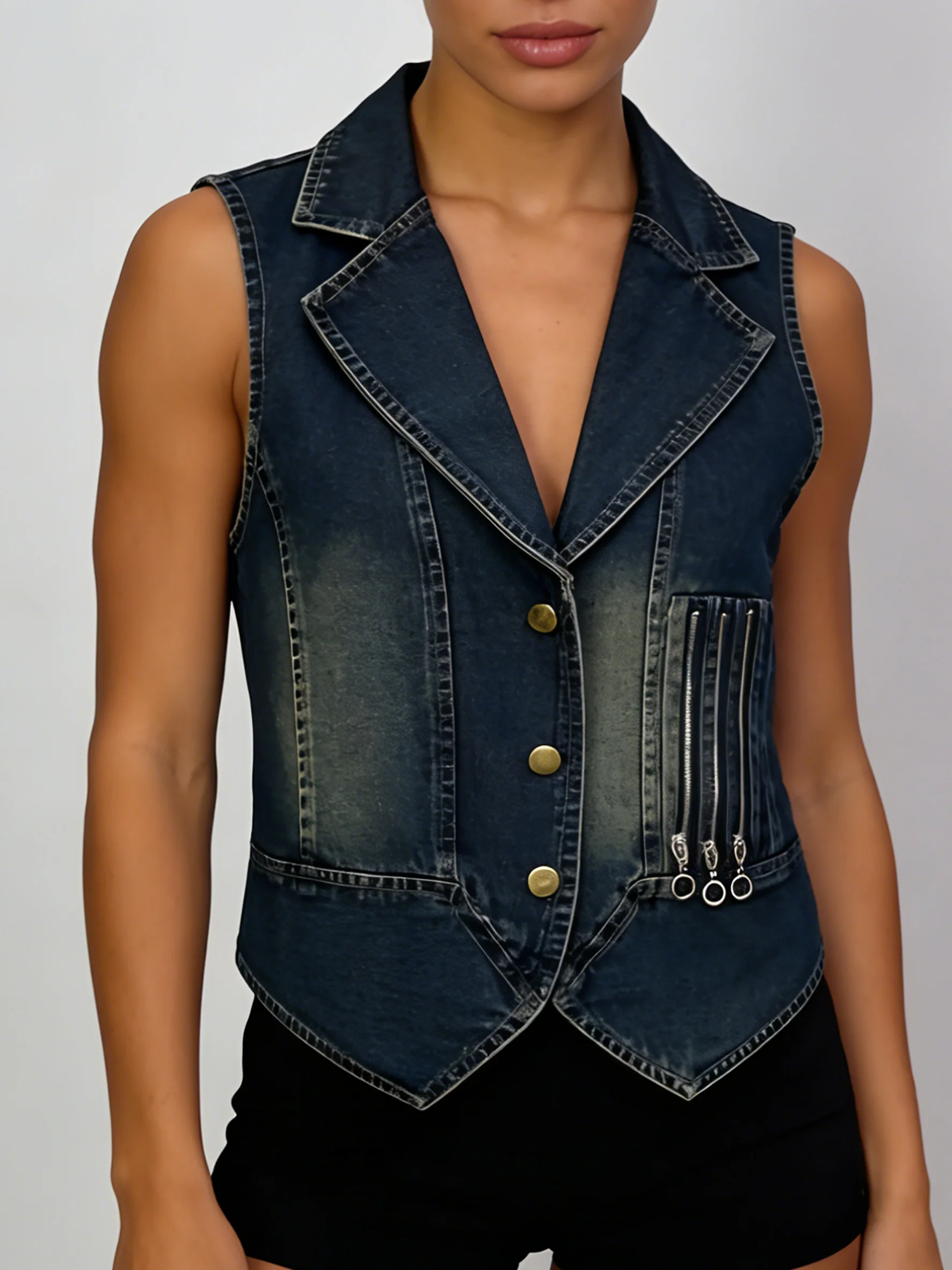 Women's Plus Size Sleeveless Notched Lapel Vest with Button Closure, Zipper Detail and Asymmetric Hem Casual Outwear
Women's Plus Size Sleeveless Notched Lapel Vest with Button Closure, Zipper Detail and Asymmetric Hem Casual Outwear