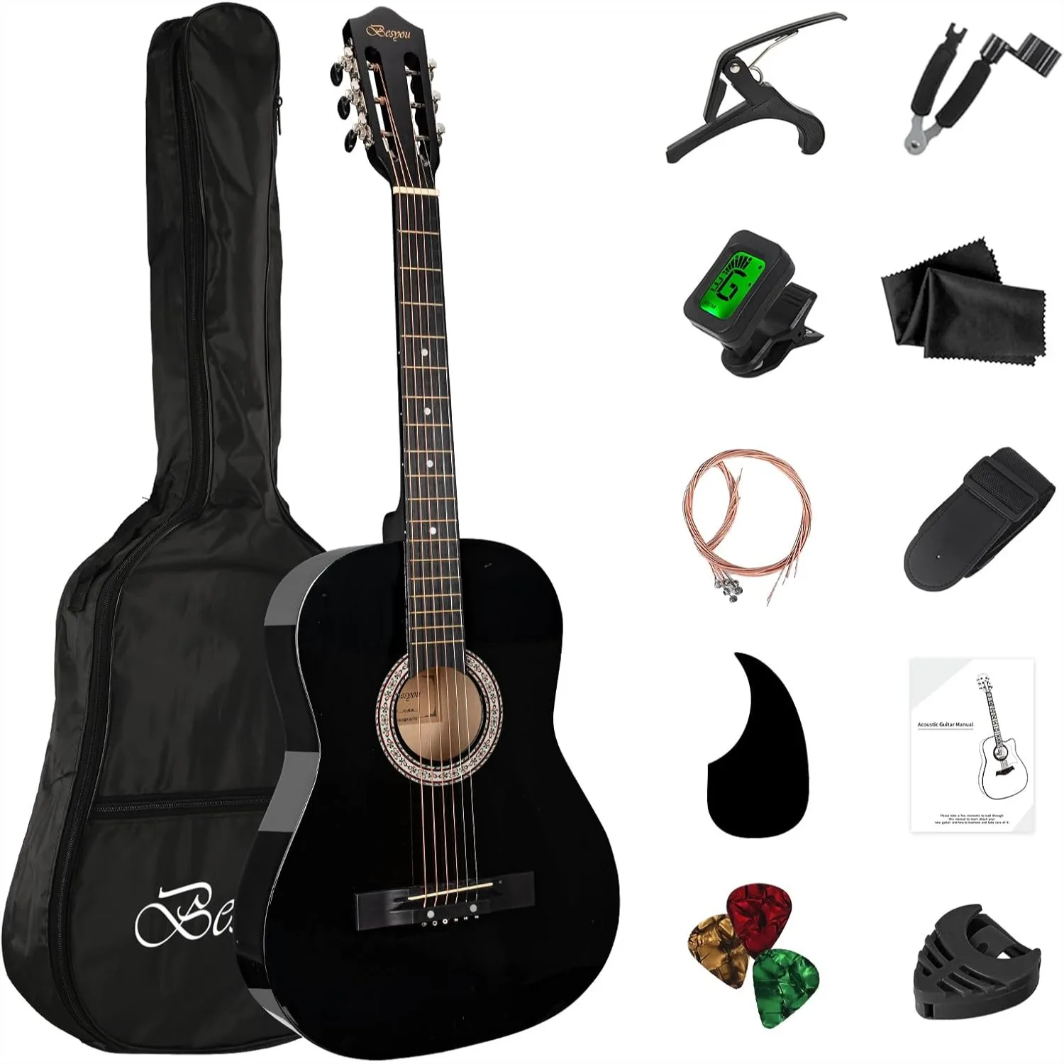 38in Acoustic Guitar Beginner Kit with Tuner, Capo, Strings, Strap, Picks, Gig Bag for Students and Adults
38in Acoustic Guitar Beginner Kit with Tuner, Capo, Strings, Strap, Picks, Gig Bag for Students and Adults