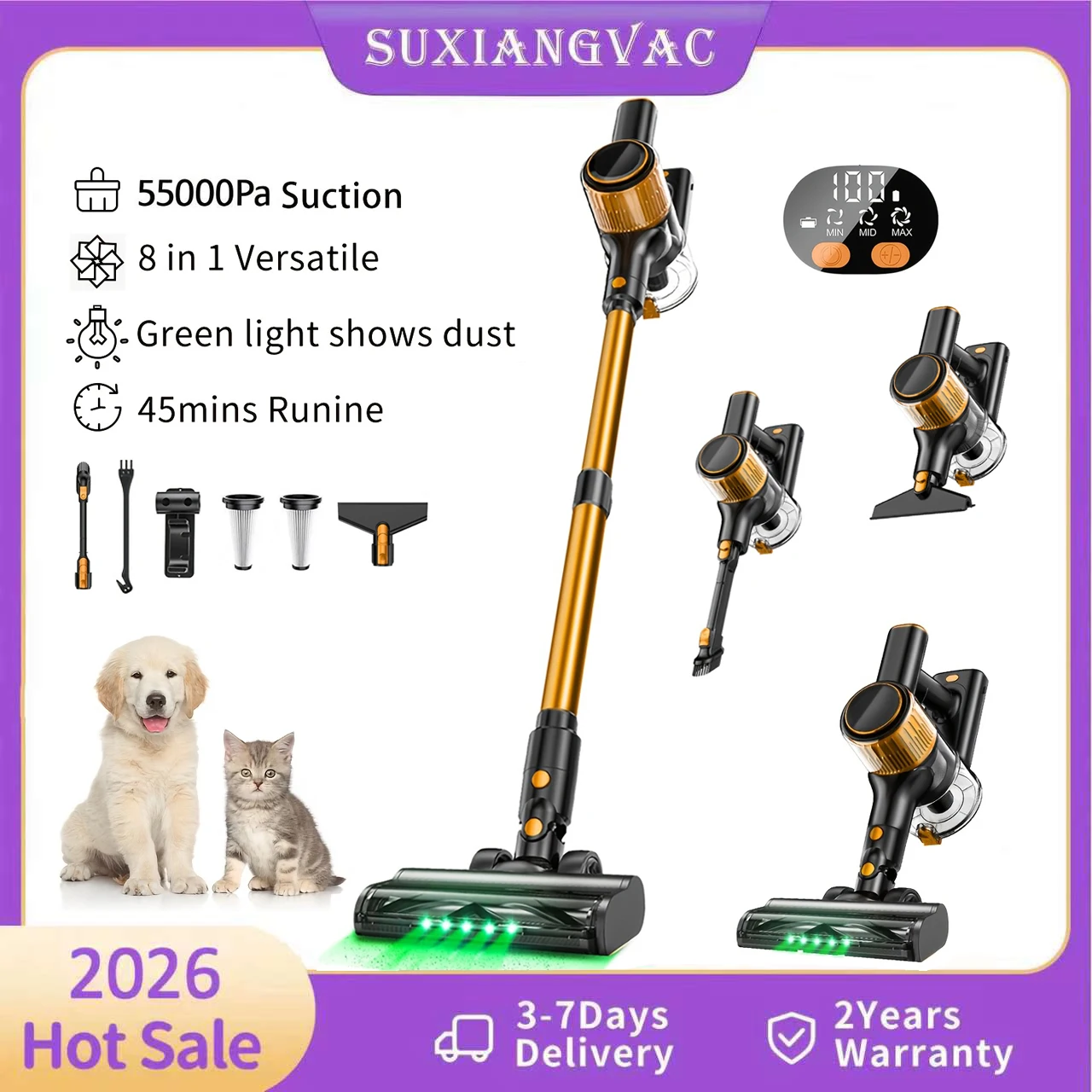 Cordless Vacuum Cleaner 8 in 1 55Kpa Powerful Suction Lightweight,LED Display,45Mins Detachable Battery Vacuum for Floor/Carpet
Cordless Vacuum Cleaner 8 in 1 55Kpa Powerful Suction Lightweight,LED Display,45Mins Detachable Battery Vacuum for Floor/Carpet