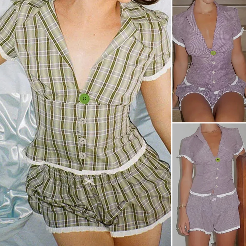 Mia Muse Boutique K-Style Контрастные цветные комплекты в клетку спереди с короткими рукавами и лацканами с высокой талией Повседневные короткие комплекты для женщин 
Mia Muse Boutique K-Style Контрастные цветные комплекты в клетку спереди с короткими рукавами и лацканами с высокой талией Повседневные короткие комплекты для женщин