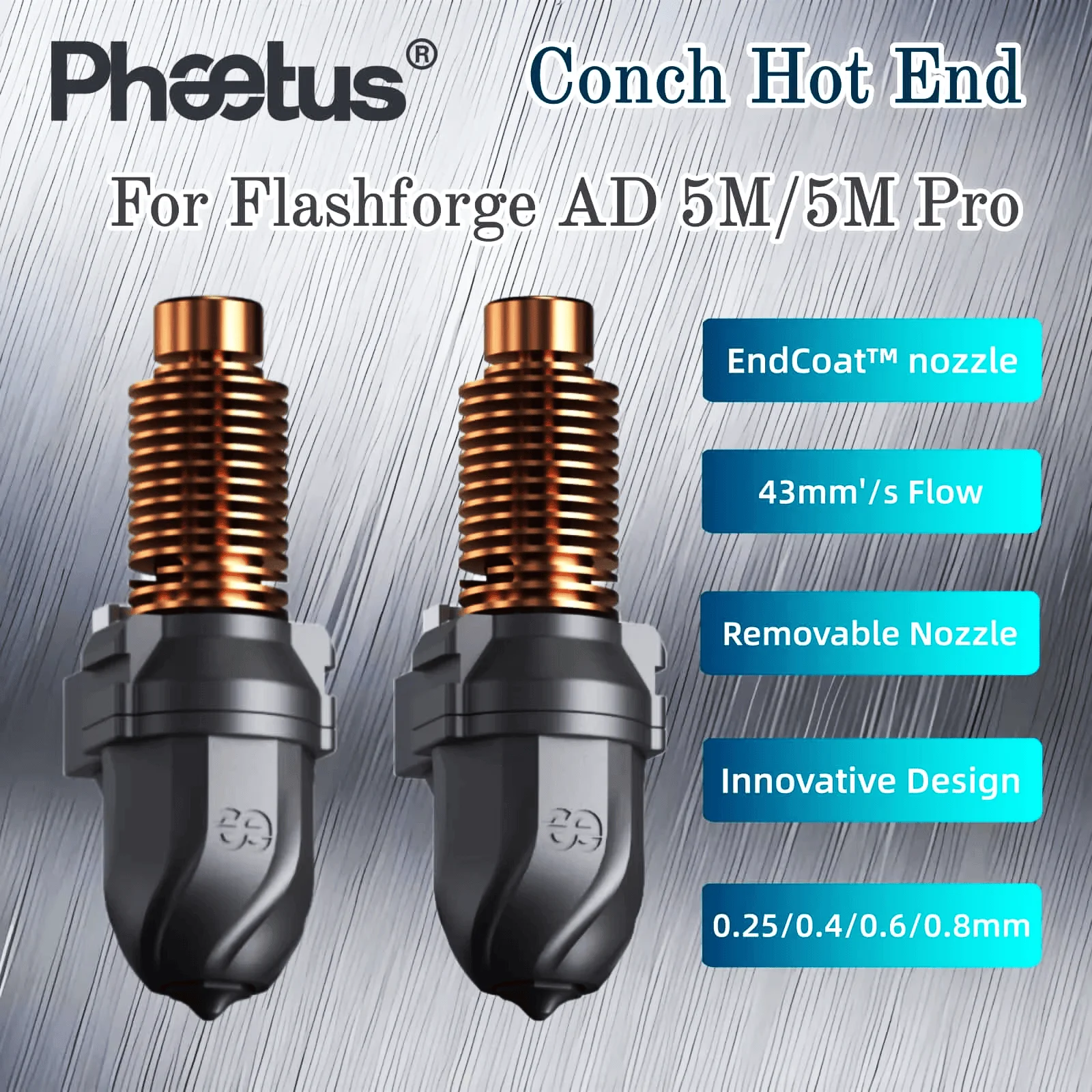 Phaetus Conch Hotend для Flashforge Adventurer 5M/5MPro 0,25/0,4/0,6/0,8 мм, высокое качество со съемной насадкой для Adventurer 5M
Phaetus Conch Hotend для Flashforge Adventurer 5M/5MPro 0,25/0,4/0,6/0,8 мм, высокое качество со съемной насадкой для Adventurer 5M