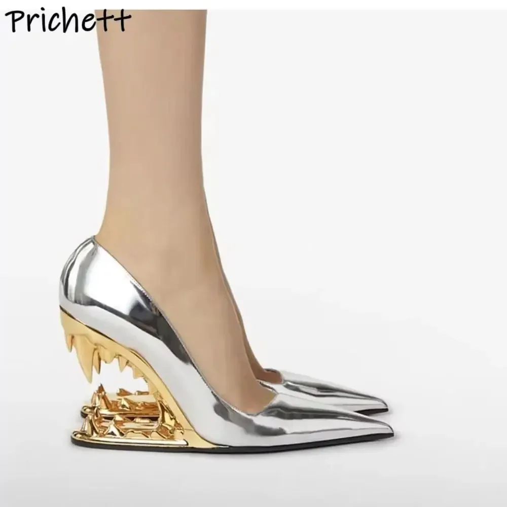 Tiger Teeth Patchwork Pumps Silvery Gold Pointy Toe Strange Style Heels Slip Oon Patent Leather Shoes Women's Fashion Chic Shoes
Tiger Teeth Patchwork Pumps Silvery Gold Pointy Toe Strange Style Heels Slip Oon Patent Leather Shoes Women's Fashion Chic Shoes