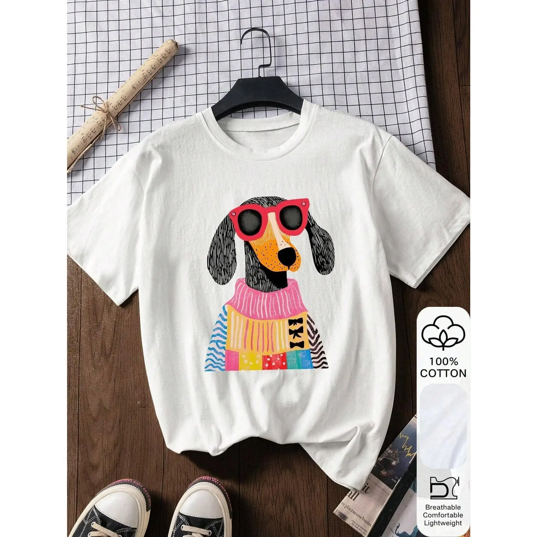 "Cool Dog T-Shirt. Women Men Funny Sunglasses Puppy Graphic Tee. Colorful Patchwork Pet Print Top. Dog Lover Gift. 100% Cotton."
"Cool Dog T-Shirt. Women Men Funny Sunglasses Puppy Graphic Tee. Colorful Patchwork Pet Print Top. Dog Lover Gift. 100% Cotton."