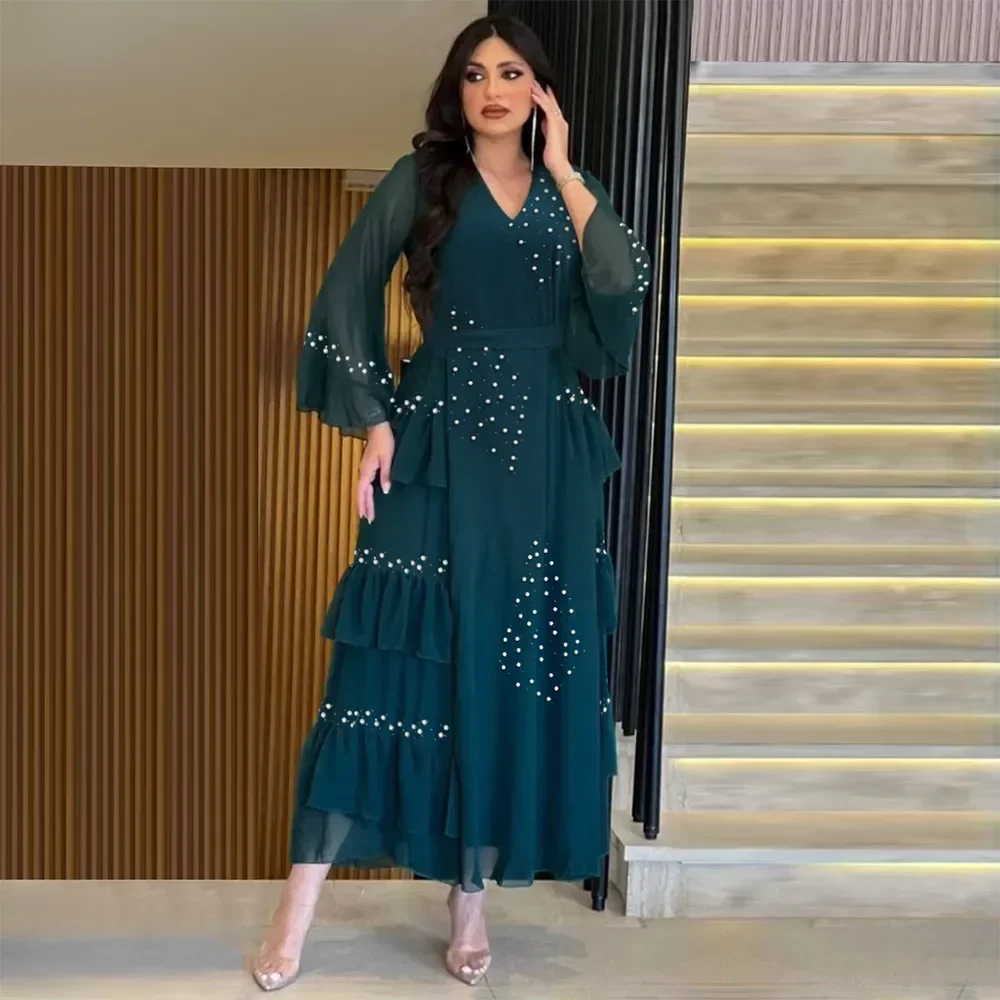 Muslim Belted Dress Irregular Pearls Diamonds Pattern Abaya Ramadan Eid Flare Sleeves Loose Robe Women V-neck Dubai Islam Kaftan
Muslim Belted Dress Irregular Pearls Diamonds Pattern Abaya Ramadan Eid Flare Sleeves Loose Robe Women V-neck Dubai Islam Kaftan
