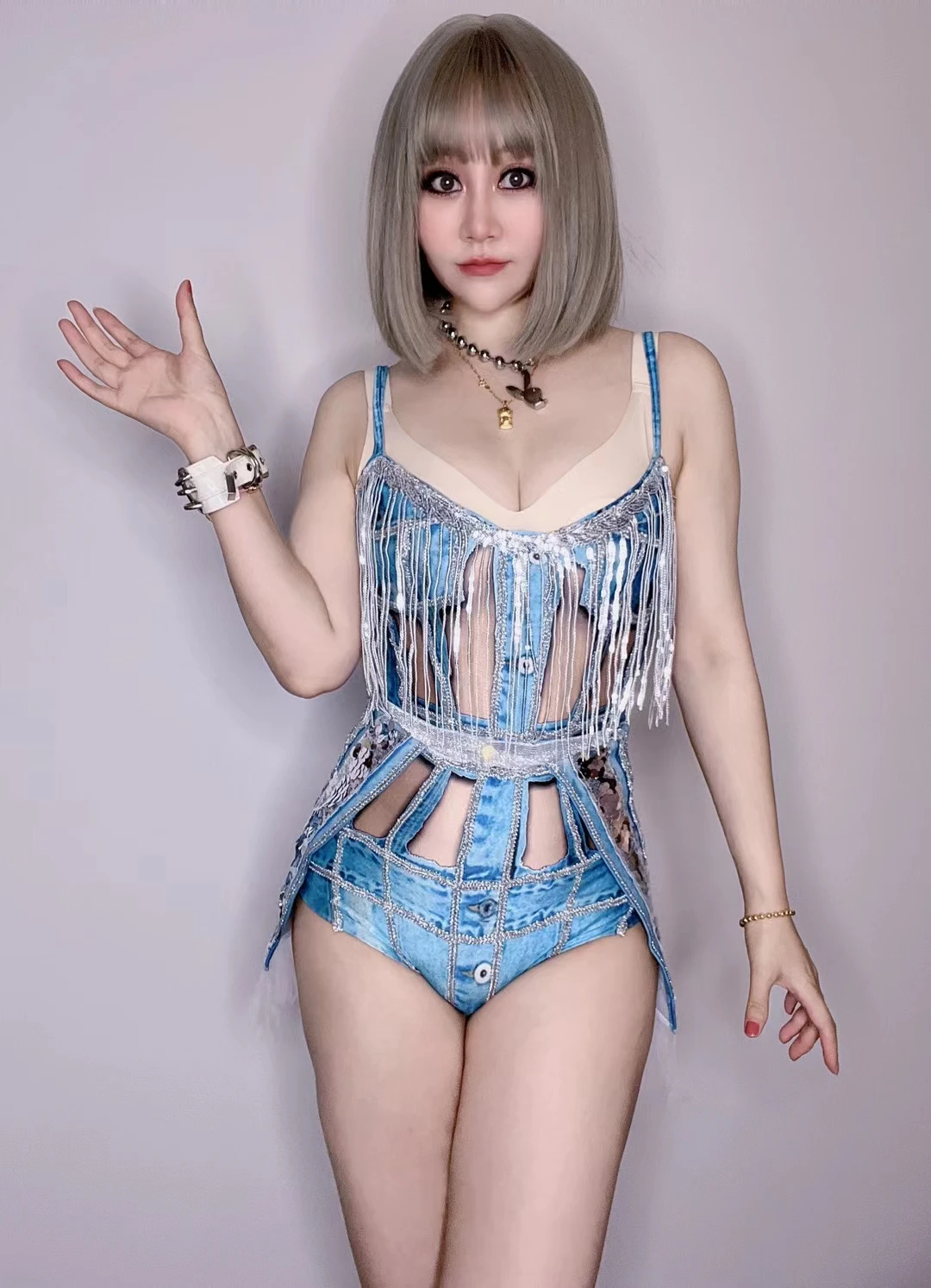 Nightclub Party Pole Dancing Costume Faux Denim Bodysuit Skirt Set Sexy DJ Gogo Stage Wear Bar Women Singer Performance Clothes
Nightclub Party Pole Dancing Costume Faux Denim Bodysuit Skirt Set Sexy DJ Gogo Stage Wear Bar Women Singer Performance Clothes