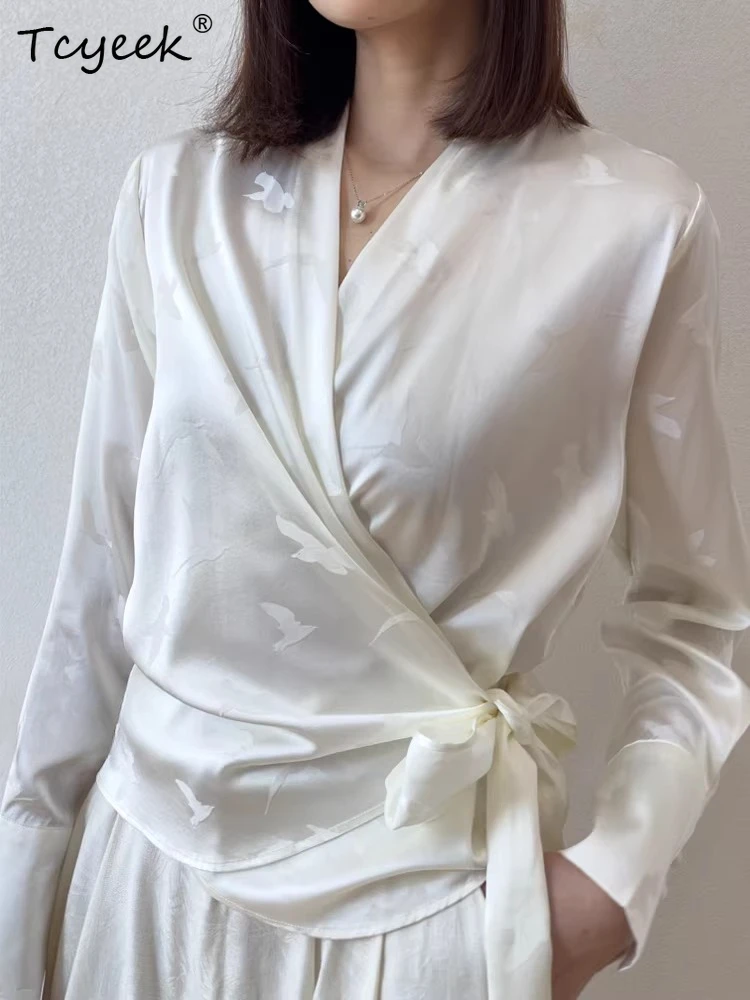 Tcyeek 20 Momme 93% Mulberry Silk Blouse 2026 Elegant Blouses for Women Spring Summer Clothes Womens Tops Lace-up Топ Женский
Tcyeek 20 Momme 93% Mulberry Silk Blouse 2026 Elegant Blouses for Women Spring Summer Clothes Womens Tops Lace-up Топ Женский