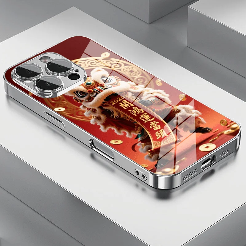 Lucky and auspicious lion dance pattern electroplated glass phone case, suitable for iPhone 17/16/15/14/13/12/11, etc.
Lucky and auspicious lion dance pattern electroplated glass phone case, suitable for iPhone 17/16/15/14/13/12/11, etc.