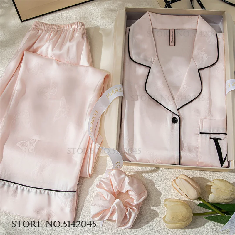 Spring Summer New Womens Sleepwear 2PCS Pajamas Set Jacquard Butterfly Trouser Pijamas Suit Silky Satin Homewear Loungewear
Spring Summer New Womens Sleepwear 2PCS Pajamas Set Jacquard Butterfly Trouser Pijamas Suit Silky Satin Homewear Loungewear