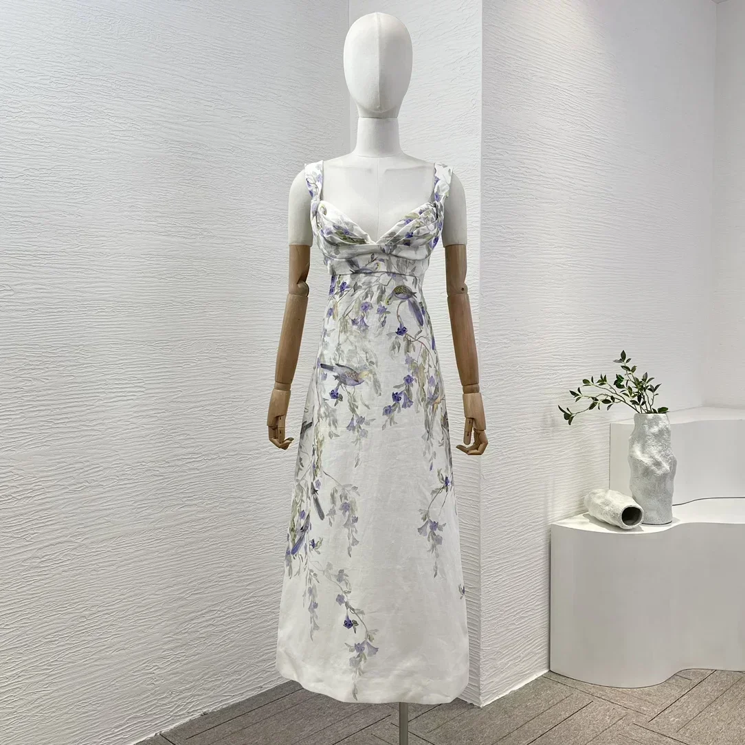 2024 Summer White Blue Flower Bird Print Sleeveless Hollow Out Backless Top Quality Linen Women Midi Dress
2024 Summer White Blue Flower Bird Print Sleeveless Hollow Out Backless Top Quality Linen Women Midi Dress