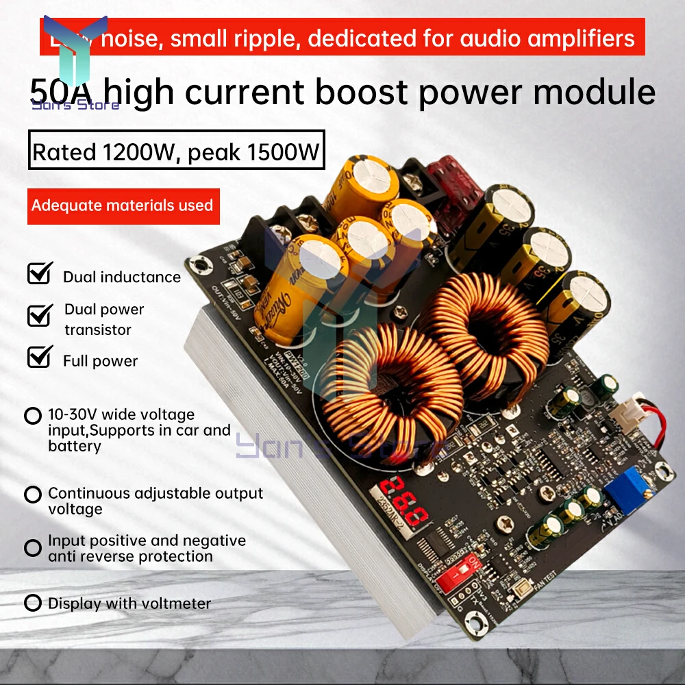 1200W 50A Converter Boost Step-up Power Supply Module Dual Inductors Full Power 10-30V to 50V with Heat Sink for Audio Amplifier
1200W 50A Converter Boost Step-up Power Supply Module Dual Inductors Full Power 10-30V to 50V with Heat Sink for Audio Amplifier