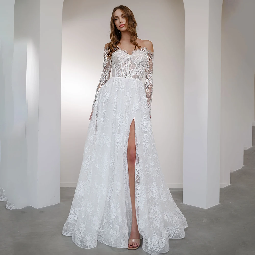 Bohemaid Off Shouldr Lace Side Slit Wedding Dress Long Sleeve A-line Backless Modern Bridal Dress with Train Custom Made
Bohemaid Off Shouldr Lace Side Slit Wedding Dress Long Sleeve A-line Backless Modern Bridal Dress with Train Custom Made