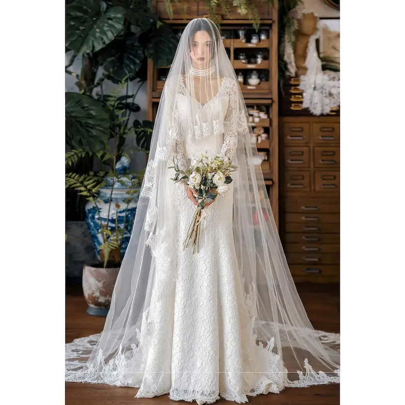 Handmade Customization Length Lace Cathedral Wedding Veil Romantic French Trailing Bridal Veil Wedding Accessories
Handmade Customization Length Lace Cathedral Wedding Veil Romantic French Trailing Bridal Veil Wedding Accessories