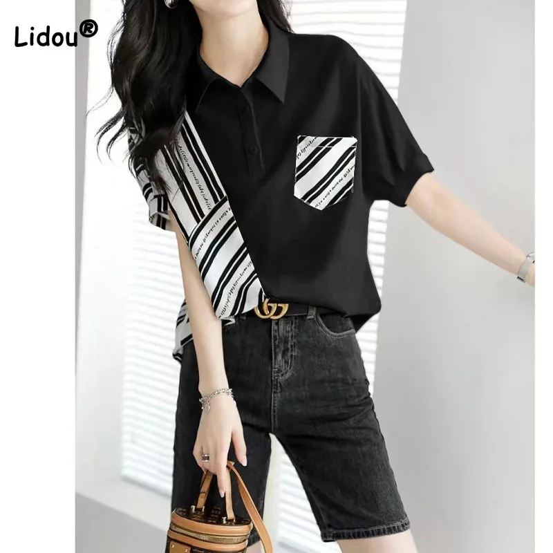 Fashion Loose Striped Printed Spliced Short Sleeve Blouse Female Summer Women's Clothing Casual Korean Polo-Neck Pockets Shirt
Fashion Loose Striped Printed Spliced Short Sleeve Blouse Female Summer Women's Clothing Casual Korean Polo-Neck Pockets Shirt