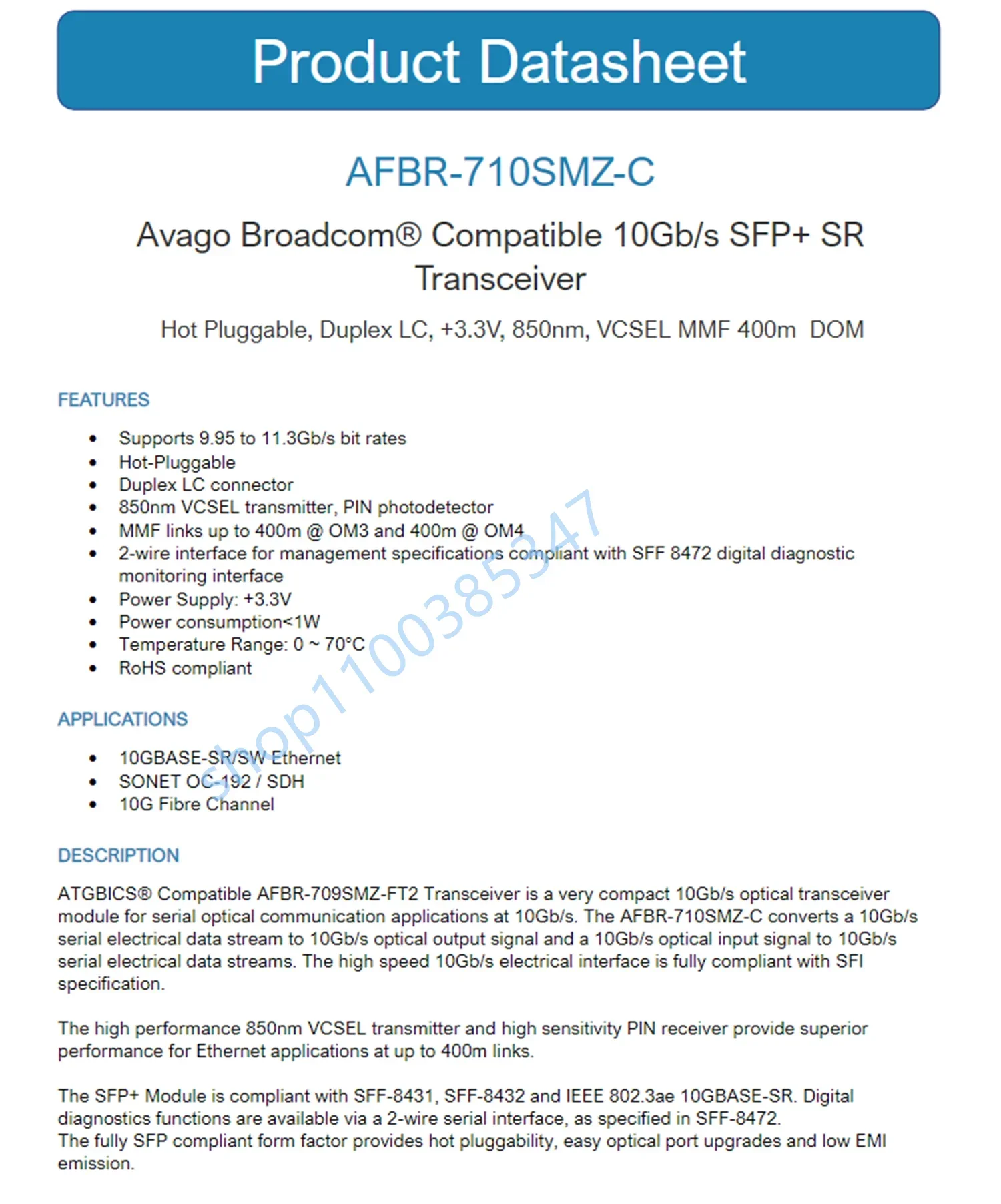 1PCS AVAGO 10gb sfp AFBR-710SMZ SFP+ 10G SR 850NM/10g adapter general purpose fiber switch/850nm adapter sfp 10g sr
1PCS AVAGO 10gb sfp AFBR-710SMZ SFP+ 10G SR 850NM/10g adapter general purpose fiber switch/850nm adapter sfp 10g sr