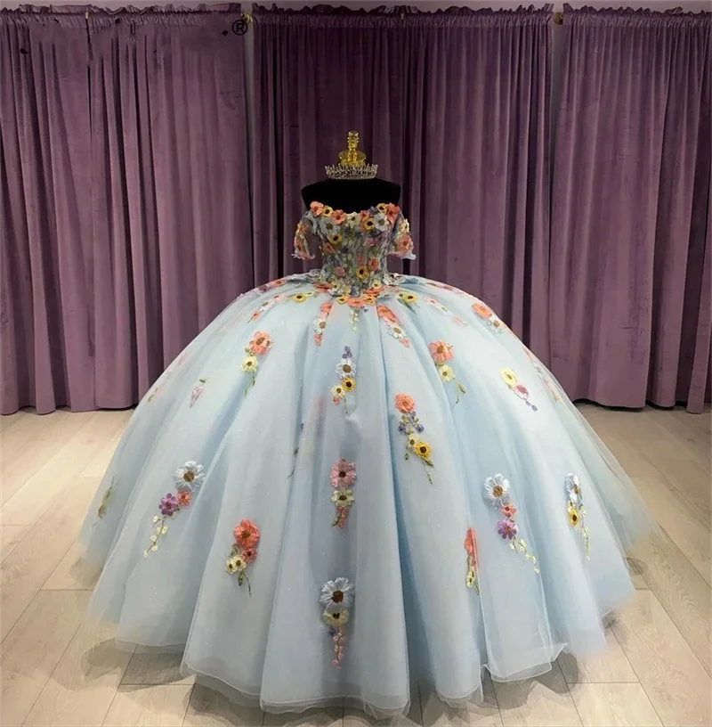 Sweet 16 Sky Blue Princess Quinceanera Dress Off Shoulder Flower Applique Tulle Ball Gown Vestidos De 15 Anos Custom-Made
Sweet 16 Sky Blue Princess Quinceanera Dress Off Shoulder Flower Applique Tulle Ball Gown Vestidos De 15 Anos Custom-Made