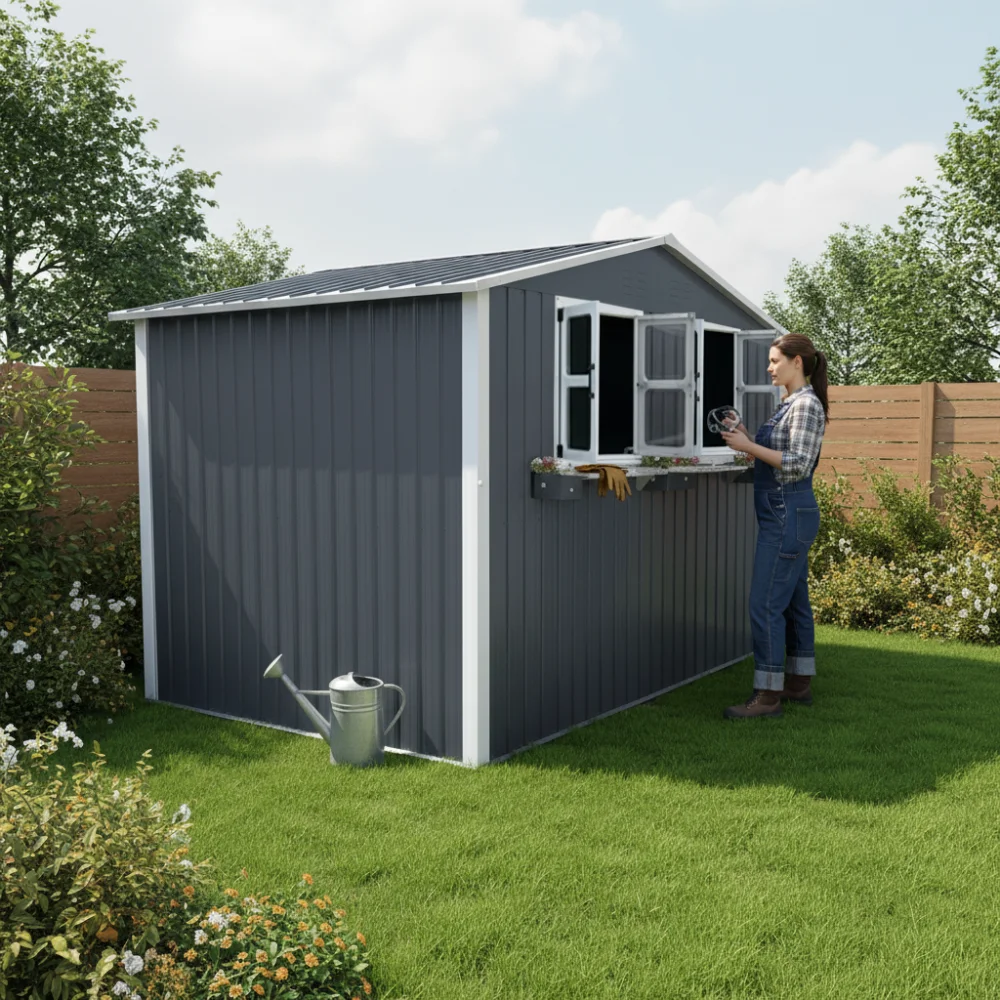 6x9 FT Outdoor Metal Storage Shed with Window & Flower Rack, Lockable Double Doors Tool Shed, Waterproof Weatherproof Garden Shed for Backyard Patio, Coal Gray
6x9 FT Outdoor Metal Storage Shed with Window & Flower Rack, Lockable Double Doors Tool Shed, Waterproof Weatherproof Garden Shed for Backyard Patio, Coal Gray