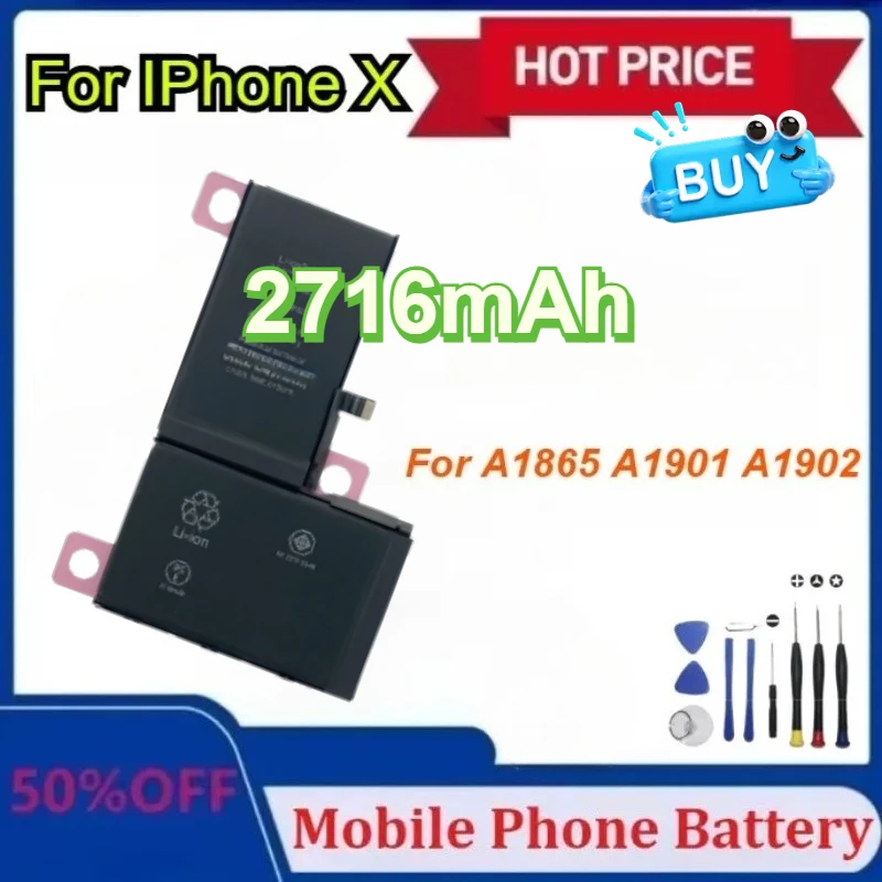 New for IPhone X Mobile Phone Batteries A1865 A1901 2716mAh High-Quality New Zero-Cycle Replacement Battery + Tools
New for IPhone X Mobile Phone Batteries A1865 A1901 2716mAh High-Quality New Zero-Cycle Replacement Battery + Tools