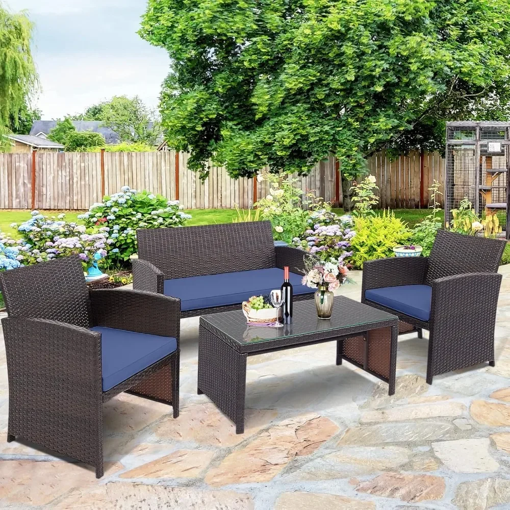 Outdoor Furniture Set with Tempered Glass Table, with Ergonomic Curved Design, 4 Pieces Wicker Conversation Set
Outdoor Furniture Set with Tempered Glass Table, with Ergonomic Curved Design, 4 Pieces Wicker Conversation Set