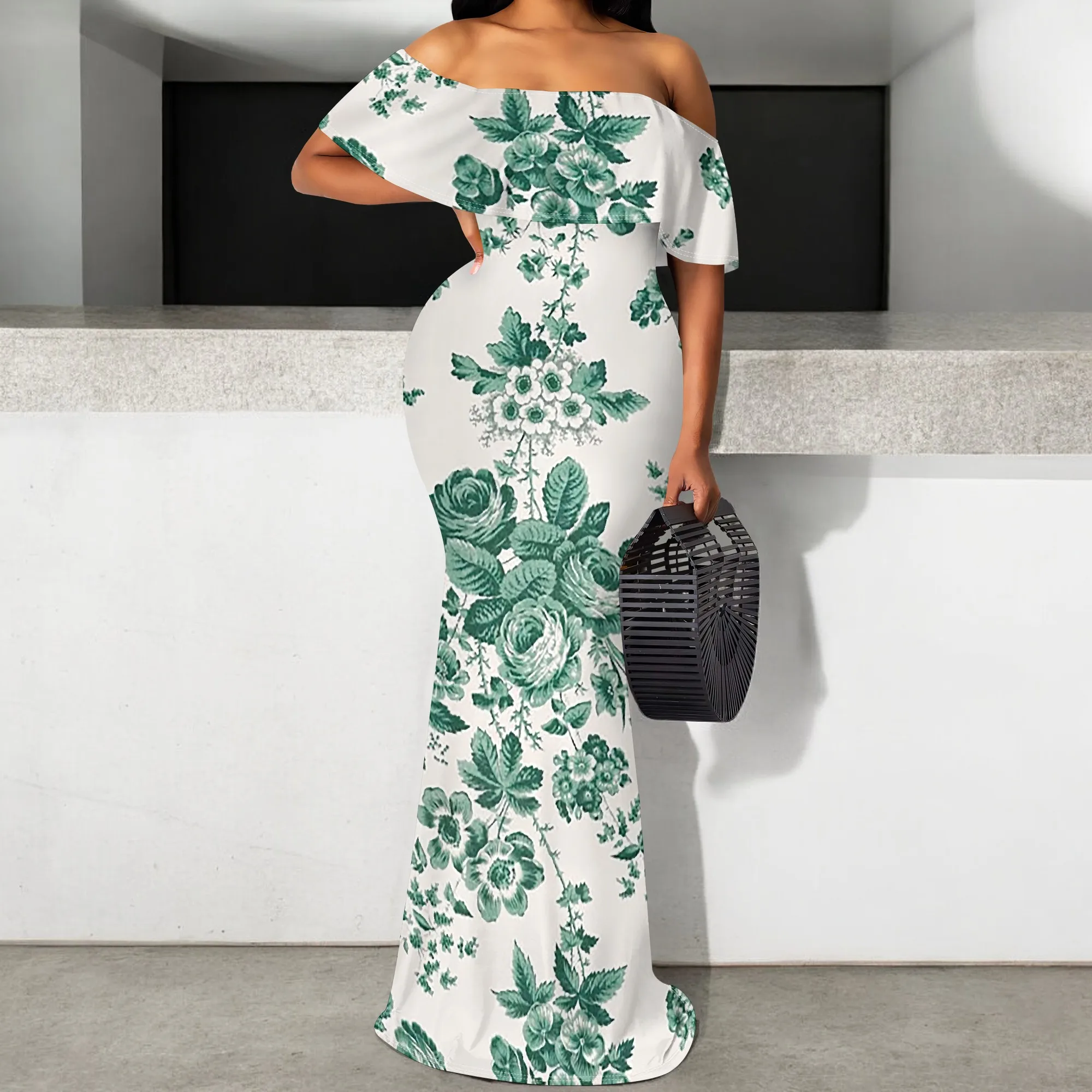 Floral Off-Shoulder Women's Maxi Dress S-3XL, Green Floral Print on White Background
Floral Off-Shoulder Women's Maxi Dress S-3XL, Green Floral Print on White Background