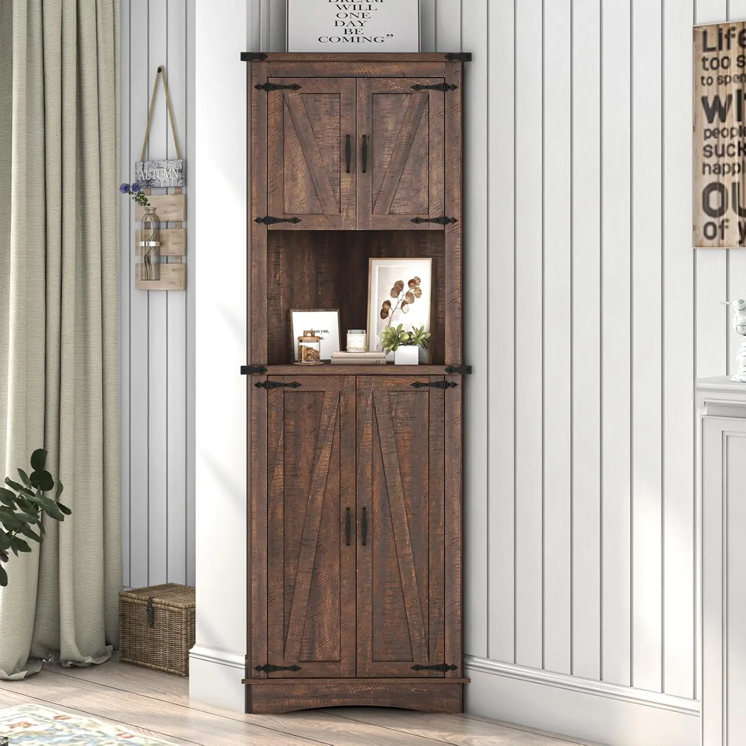 68" Tall Farmhouse Corner Cabinet, 5-Tier Storage Cabinet with 4 Barn Doors & Adjustable Shelves
68" Tall Farmhouse Corner Cabinet, 5-Tier Storage Cabinet with 4 Barn Doors & Adjustable Shelves