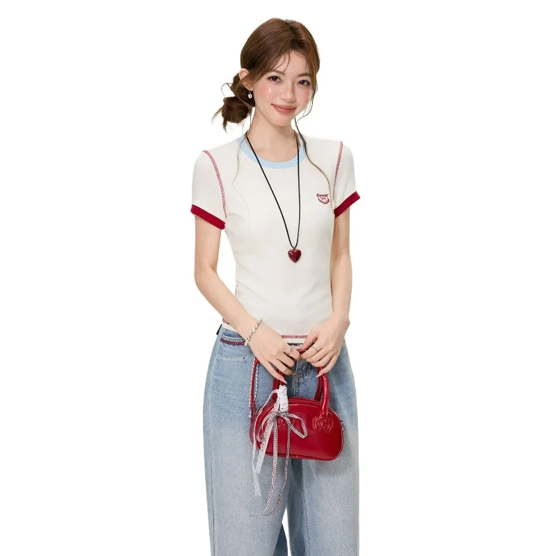 Apricot Round Neck Design Embroidered Contrasting Color Short Sleeved T-shirt for Women Summer Fashionable Slimming Short Top
Apricot Round Neck Design Embroidered Contrasting Color Short Sleeved T-shirt for Women Summer Fashionable Slimming Short Top