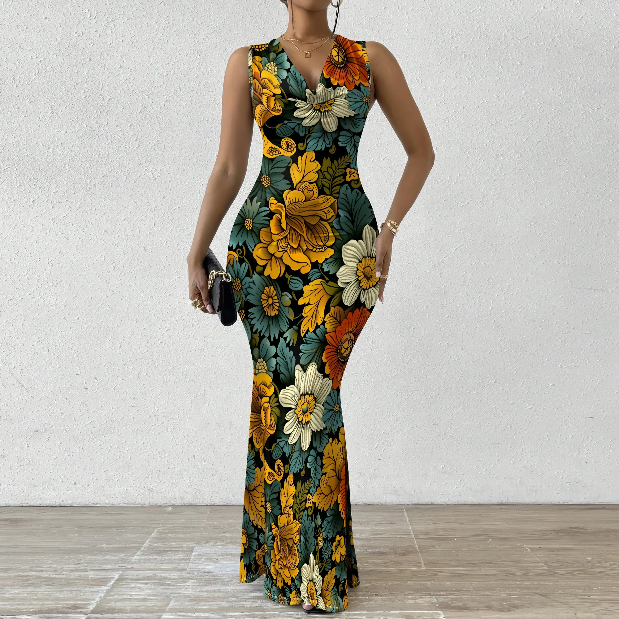 Retro Floral Maxi Dress Sleeveless V-Neck Black Orange Print Bodycon Fall Thanksgiving Church Party Dress XS-2XL
Retro Floral Maxi Dress Sleeveless V-Neck Black Orange Print Bodycon Fall Thanksgiving Church Party Dress XS-2XL