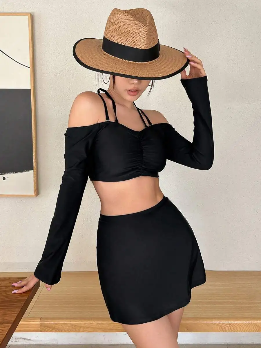 Women Solid Color Off Shoulder Long Sleeve Tankini With Ruched Design For Beach Vacation Summer
Women Solid Color Off Shoulder Long Sleeve Tankini With Ruched Design For Beach Vacation Summer