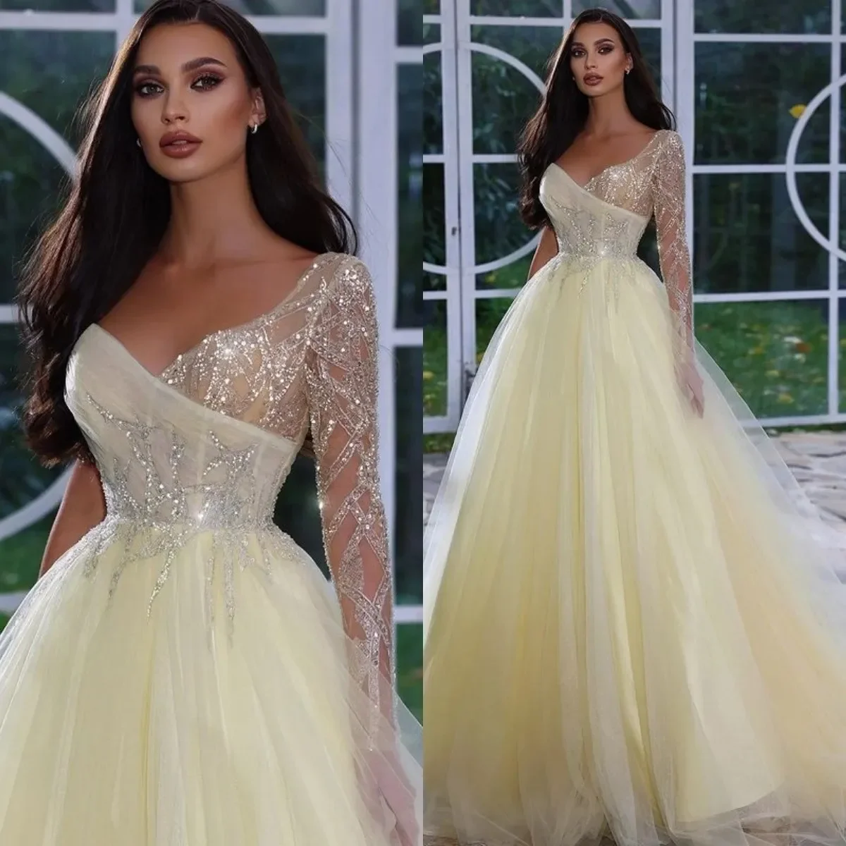 Stylish and elegant Ladies tulle sexy V-neck Sleeved Ball Party Dress Lace one-shoulder applique beaded custom evening dress
Stylish and elegant Ladies tulle sexy V-neck Sleeved Ball Party Dress Lace one-shoulder applique beaded custom evening dress