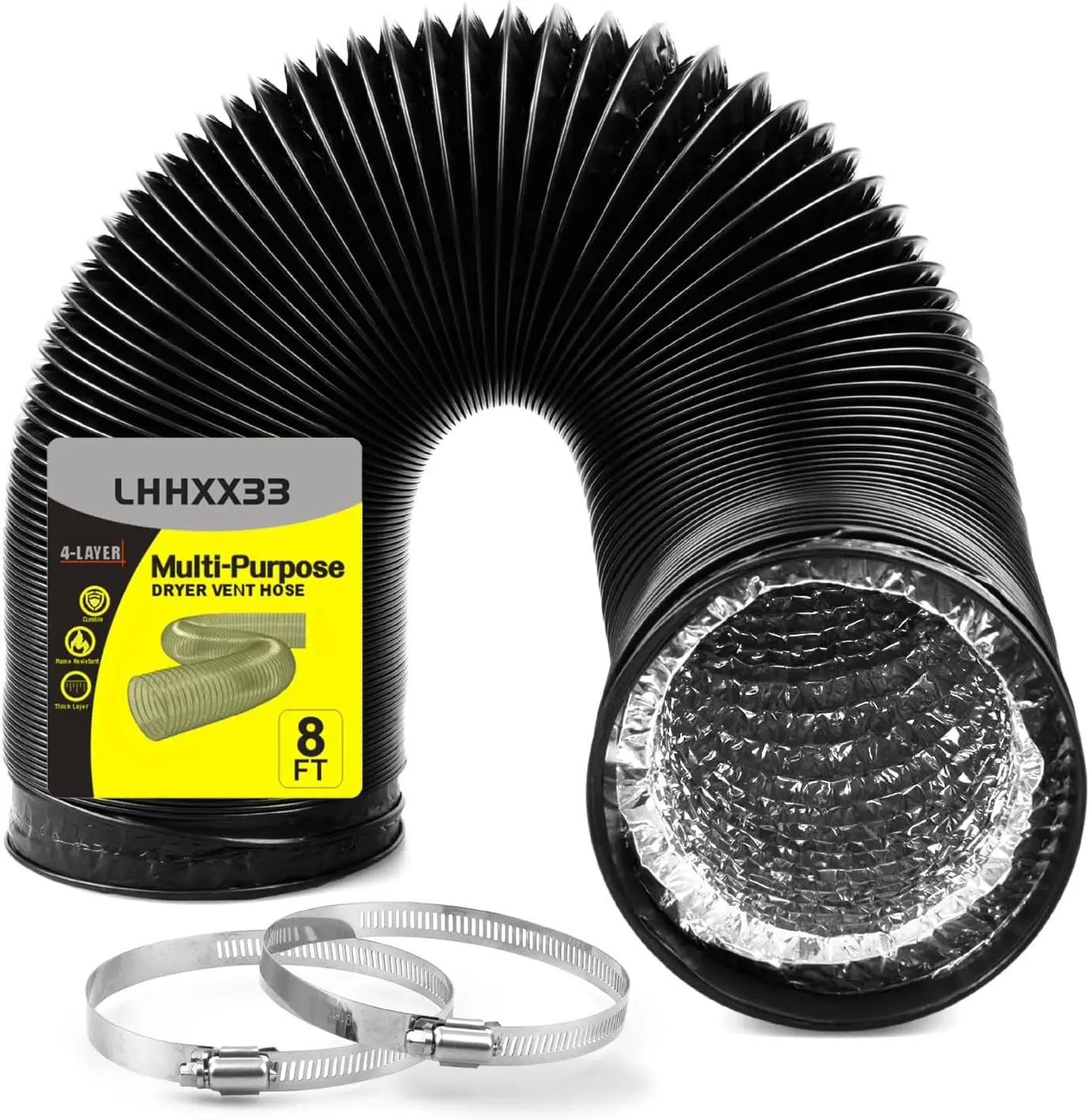 4 Inch Flexible Dryer Vent Hose, 8ft Long, Heavy-Duty 4-Layer Protection for HVAC, Includes 2 Clamps
4 Inch Flexible Dryer Vent Hose, 8ft Long, Heavy-Duty 4-Layer Protection for HVAC, Includes 2 Clamps