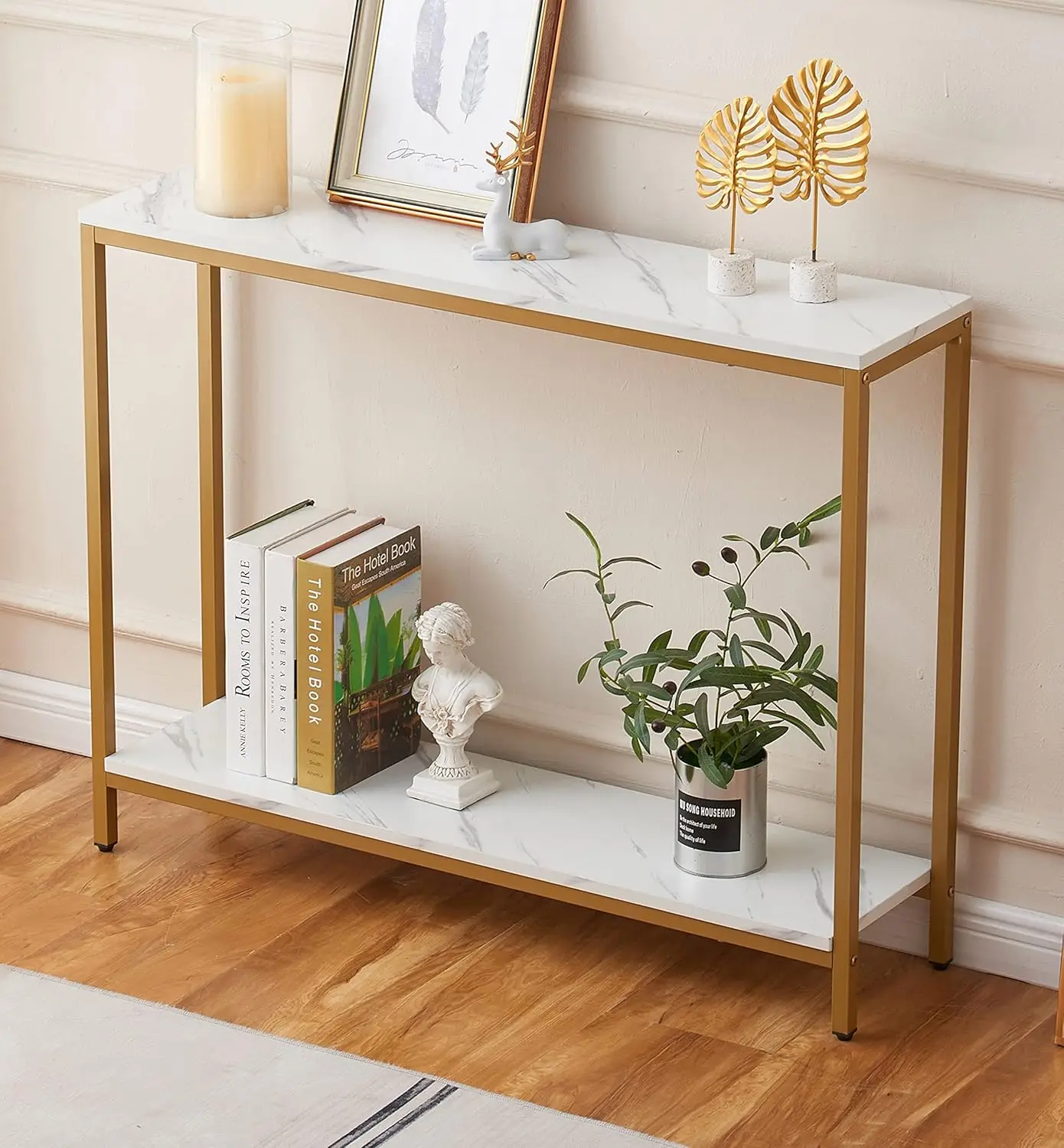 Console Table for Entryway, Faux Marble MDF Sofa Table with Golden Frame (Double Layer, White Marble)
Console Table for Entryway, Faux Marble MDF Sofa Table with Golden Frame (Double Layer, White Marble)