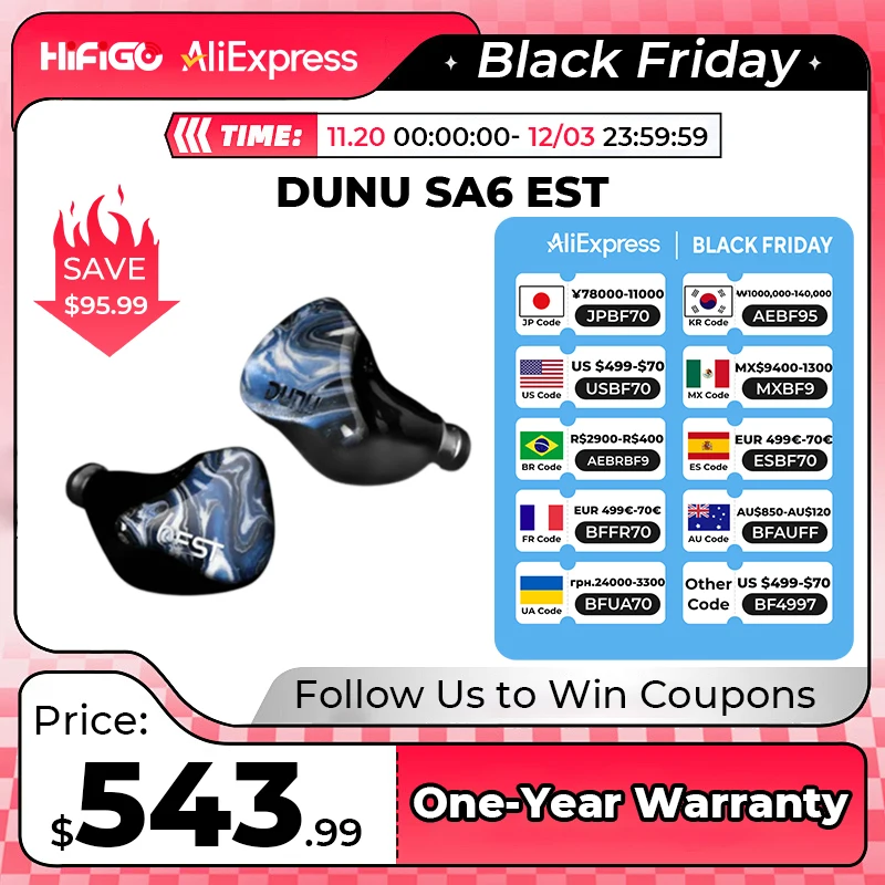 DUNU SA6 EST / SA6EST 6BA+2EST Hybrid Drivers In-Ear Earphone with Hulk Pro Mini Stock Cable Q-Lock Plus Interchangeable Plug
DUNU SA6 EST / SA6EST 6BA+2EST Hybrid Drivers In-Ear Earphone with Hulk Pro Mini Stock Cable Q-Lock Plus Interchangeable Plug