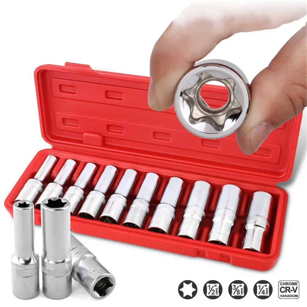 10Pcs E Female Bit Sockets Set Hand Tool Kit 1/2" 3/8" 1/4" Drive E8-E24 Repair Tool Socket Wrench Head Sleeve
10Pcs E Female Bit Sockets Set Hand Tool Kit 1/2" 3/8" 1/4" Drive E8-E24 Repair Tool Socket Wrench Head Sleeve