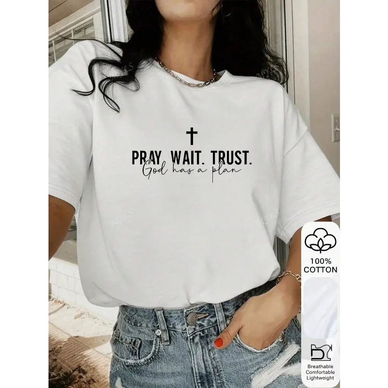 Summer Women's Loose T-shirt Pray Wait Trust Lettering Printed Cotton White Casual Fashion Women's Round Neck Top T-shirt
Summer Women's Loose T-shirt Pray Wait Trust Lettering Printed Cotton White Casual Fashion Women's Round Neck Top T-shirt