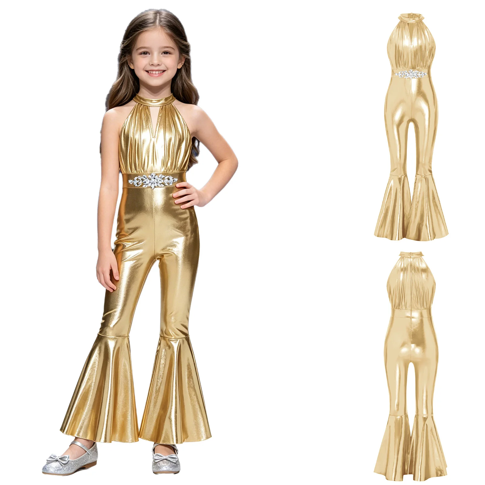 Kids Girls Jazz Dance Pageant Party Romper Jumpsuit Metallic Shiny Halter Front Keyhole Bell Bottoms Unitard for Rave Streetwear
Kids Girls Jazz Dance Pageant Party Romper Jumpsuit Metallic Shiny Halter Front Keyhole Bell Bottoms Unitard for Rave Streetwear