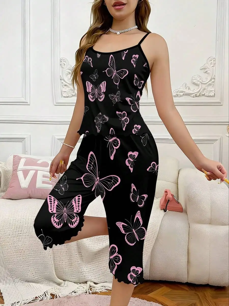 Womens Butterfly Print Pajama Set Black Two Piece Sleepwear Camisole And Capri Pants
Womens Butterfly Print Pajama Set Black Two Piece Sleepwear Camisole And Capri Pants