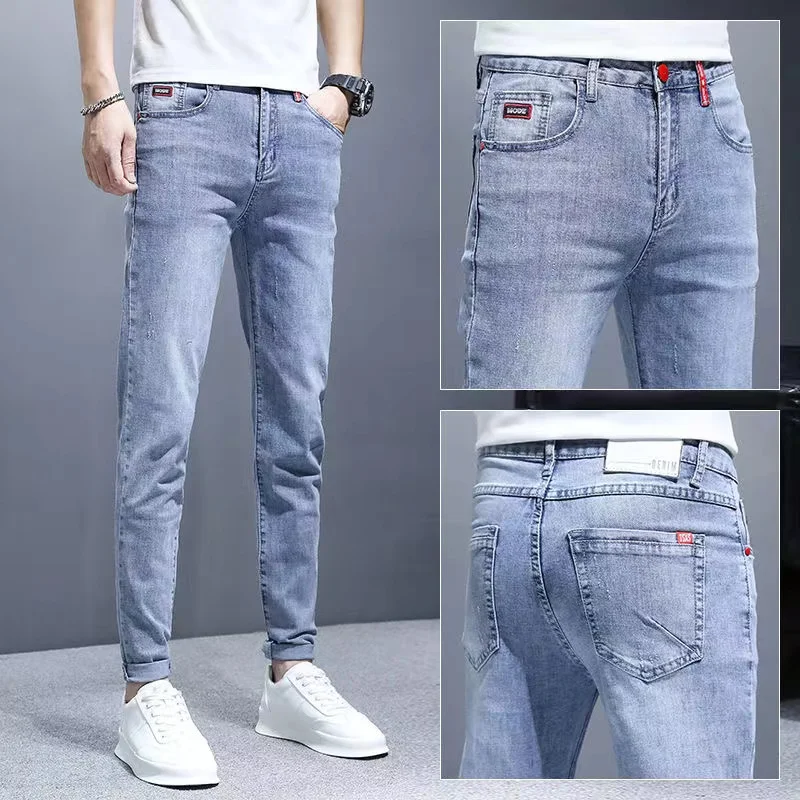 Summer Light Blue Men's Jeans Casual Slim Fit Elastic Nine-Piece Pants Trendy Brand Korean Style Stretch Long Trousers
Summer Light Blue Men's Jeans Casual Slim Fit Elastic Nine-Piece Pants Trendy Brand Korean Style Stretch Long Trousers