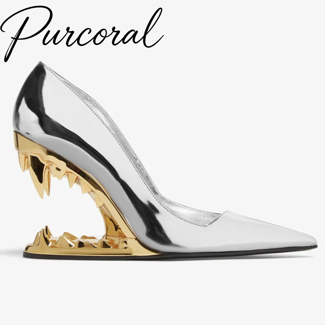 Purcoral Silver Metallic Pointed Toe Pumps Women Gold Shark Tooth Sculptured Hollow Heel High Heels Runway Dress Shoes
Purcoral Silver Metallic Pointed Toe Pumps Women Gold Shark Tooth Sculptured Hollow Heel High Heels Runway Dress Shoes