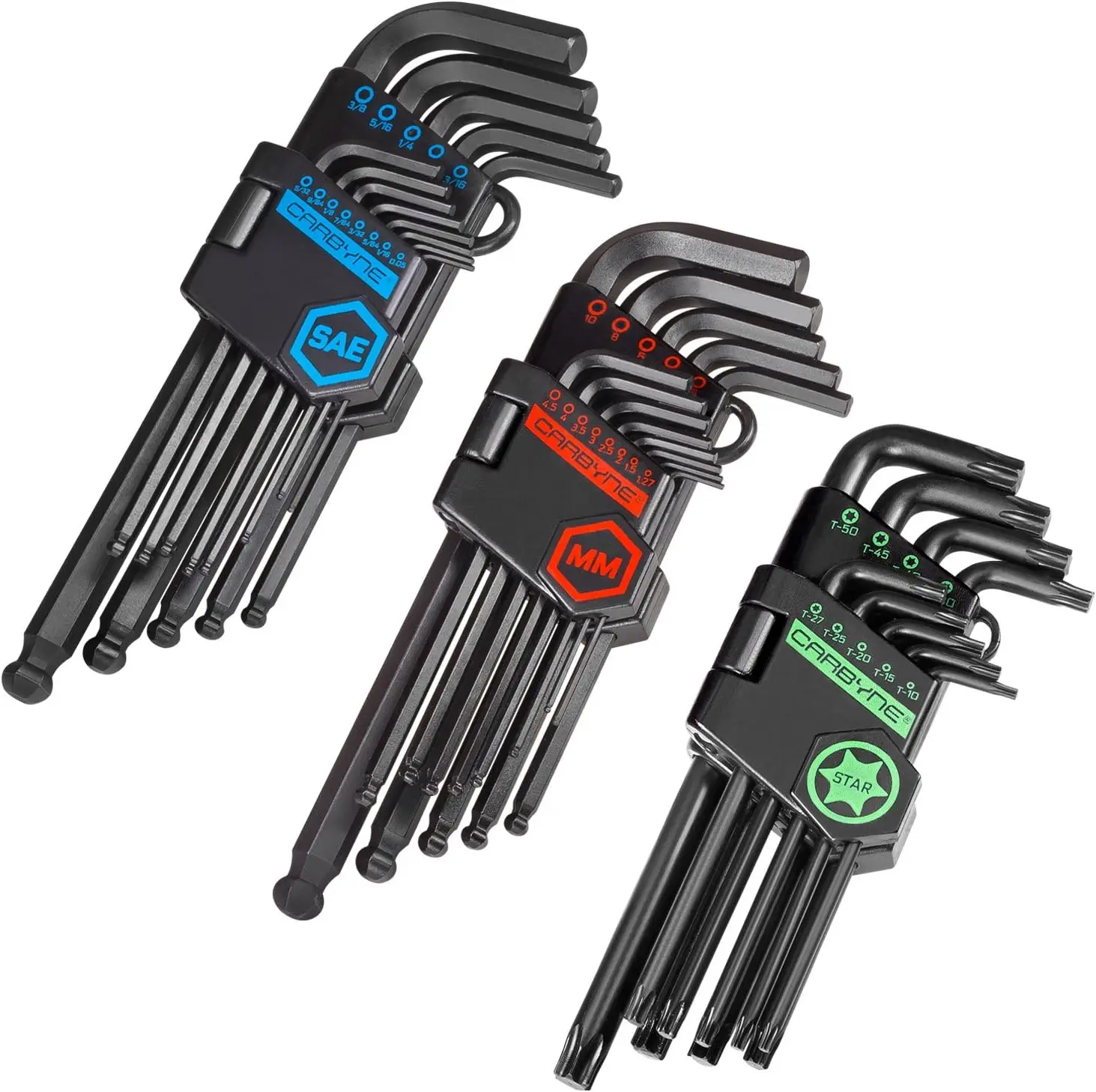 35-Piece Long Arm Ball End Hex Key Set, SAE/Metric/Torx, S2 Steel, Manganese Phosphate, 1.27mm-10mm, 0.05"-3/8", T10-T50
35-Piece Long Arm Ball End Hex Key Set, SAE/Metric/Torx, S2 Steel, Manganese Phosphate, 1.27mm-10mm, 0.05"-3/8", T10-T50