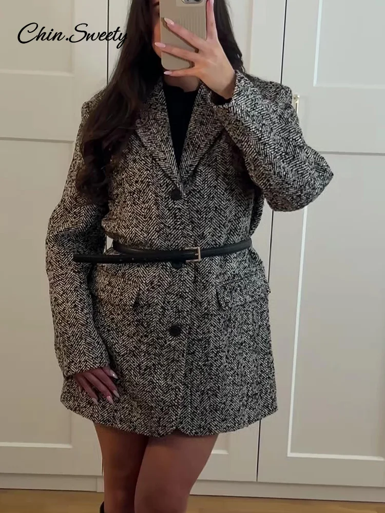 Winter With Belt Blazer Coat Women Loose Lapel Tweed Wool Blends Warm Jacket Fashion Temperament Commuting Lady Elegant Outwear
Winter With Belt Blazer Coat Women Loose Lapel Tweed Wool Blends Warm Jacket Fashion Temperament Commuting Lady Elegant Outwear