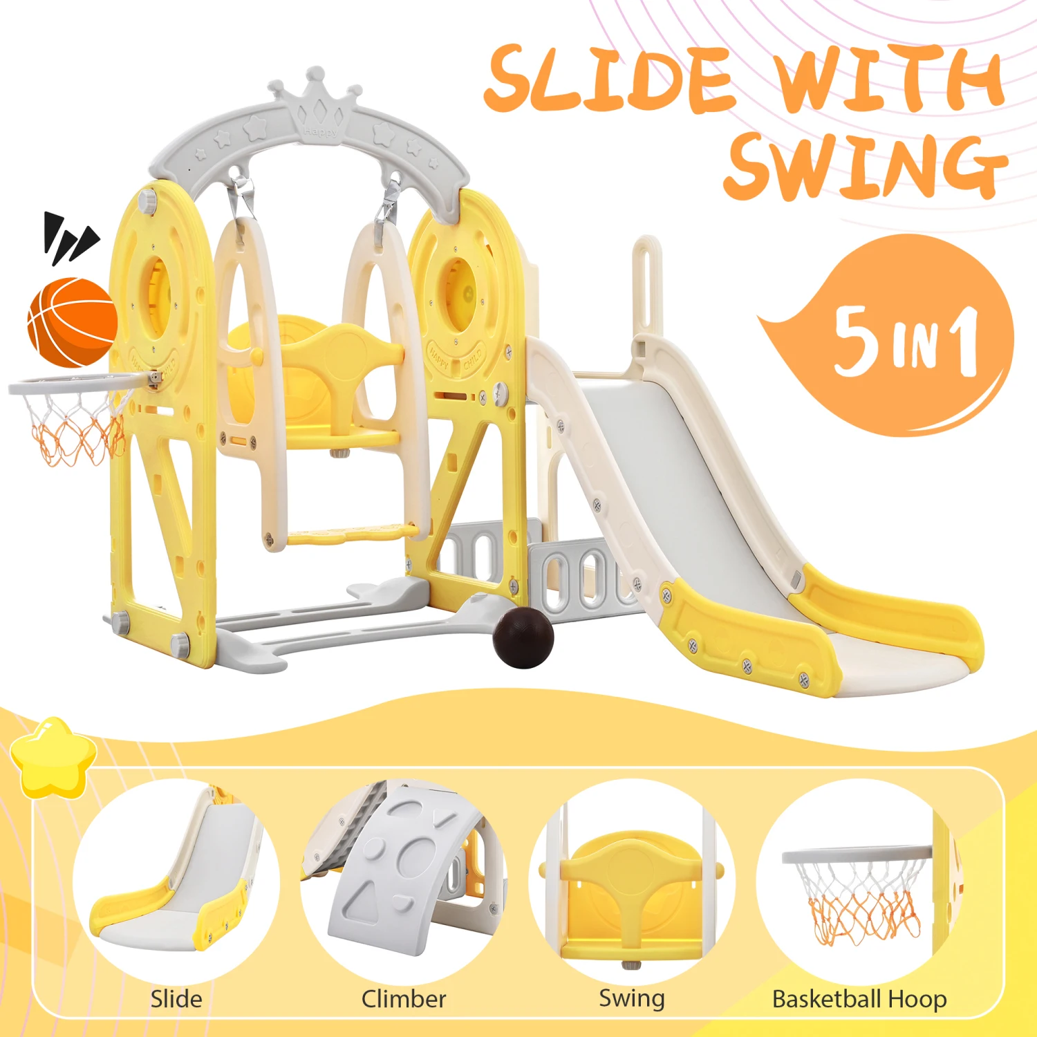 Toddler Slide and Swing Set 5 in 1, Kids Playground Climber Slide Playset with Basketball Hoop Freestanding Combination for Babi
Toddler Slide and Swing Set 5 in 1, Kids Playground Climber Slide Playset with Basketball Hoop Freestanding Combination for Babi