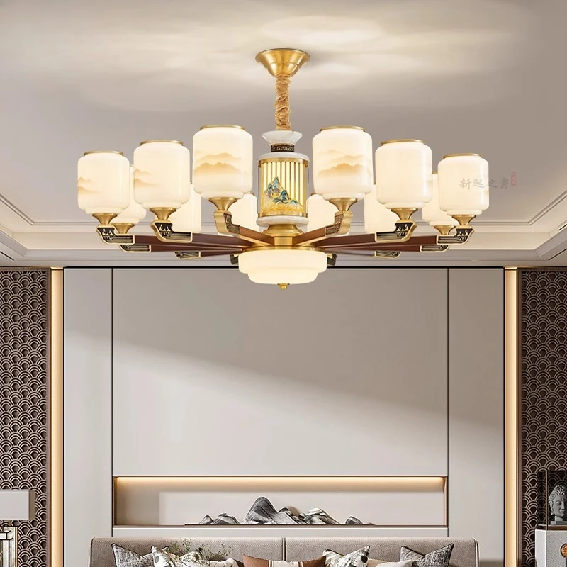 New Chinese chandelier living room lamp copper solid wood jade Song Dynasty high-end self-built house restaurant
New Chinese chandelier living room lamp copper solid wood jade Song Dynasty high-end self-built house restaurant