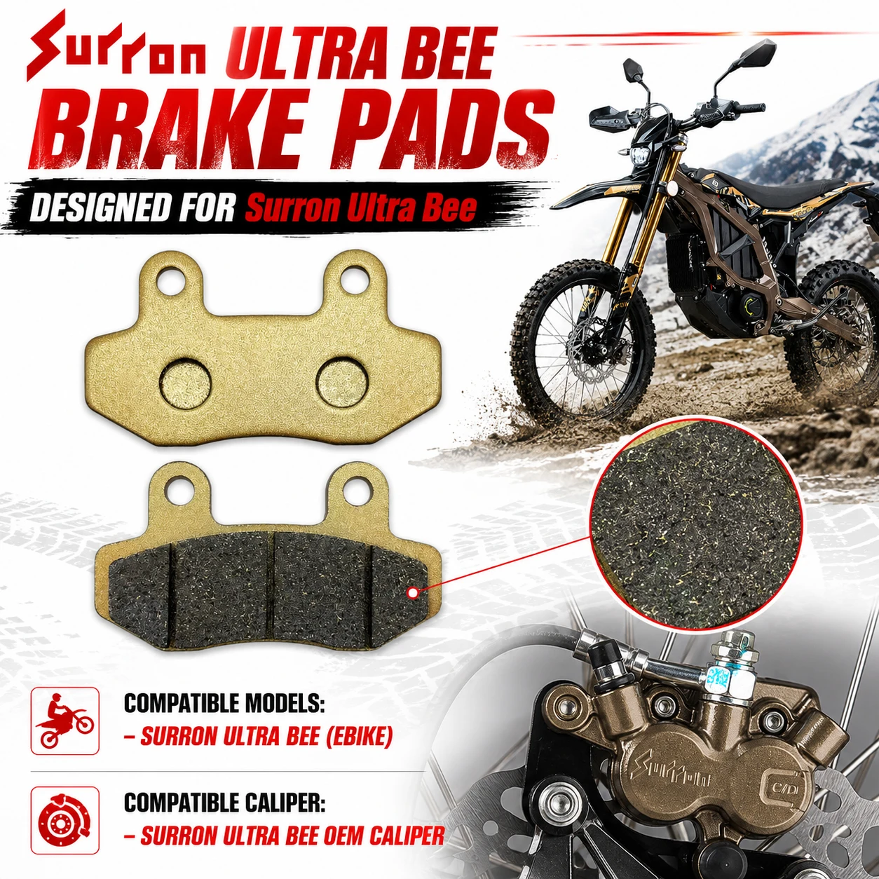 Semi-Metallic Brake Pads for Surron Ultra Bee Low Noise Long Lasting Electric Dirt Bike Enduro Front Rear Replacement
Semi-Metallic Brake Pads for Surron Ultra Bee Low Noise Long Lasting Electric Dirt Bike Enduro Front Rear Replacement